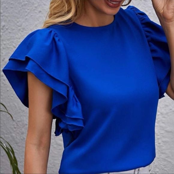 Royal Blue Butterfly Ruffle Sleeve Top - Picture 2 of 9